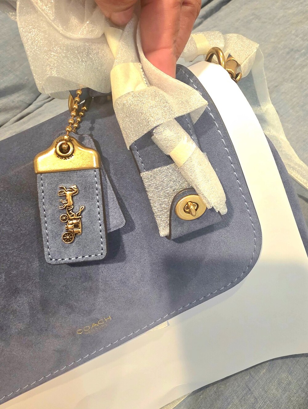 NWT Authentic Coach Blue Suede Top-Handle Rogue Satchel with Gold Hardware - Picture 8 of 9